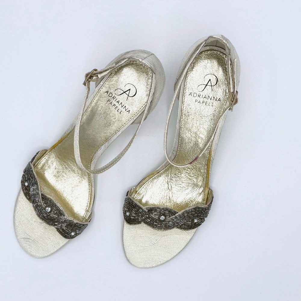 Adrianna Papell Silver Evening Heels Beaded Ankle Strap Occasion Shoes Sz 11M